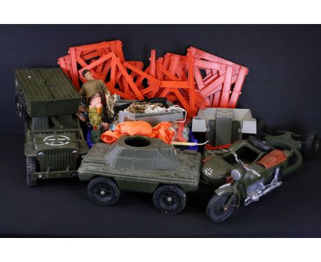 Action man - Collection of various Action man related items to include Cherilea Toys motorbike and Armoured Car, Jeep, Traini