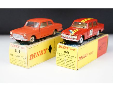 Two boxed French Dinky diecast models to include 538 Ford Taunus 12M in coral body with white interior, silver trims and silv
