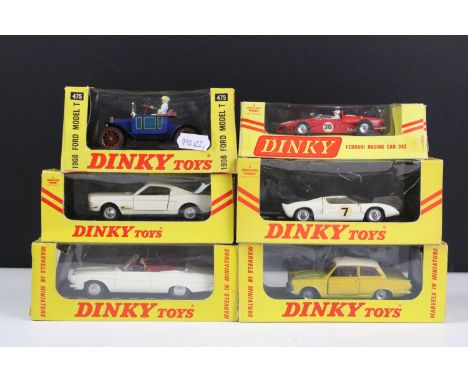 Six boxed Dinky diecast models to include 133 1965 Ford Cortina in metallic yellow and white roof with red interior and silve