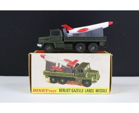 Boxed French Dinky 816 Berliet Gazelle Lance Missile Launcher with military green body, white front bumper, grey plastic laun