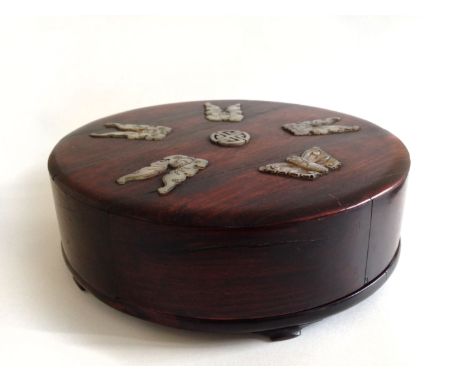A Huang Hua Li wood round box with cover inlaid with Jade 17th Century. 27cm Dia