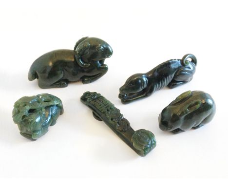 A Group of Five Spinach-Green Jade Carvings 19/20th Century. Largest 12cm