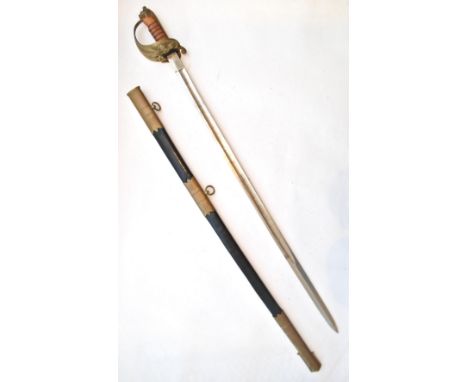 A George VI 1827 pattern British Navy officers sword having a brass wire wrapped leather grip, brass lion head pommel with ma