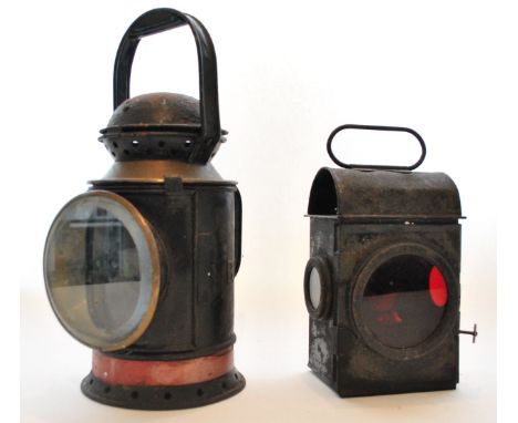 Two antique hand held British Railway signal oil lamps to include; BR ( W ) British Railways lamp having round bevelled rotat