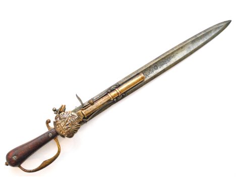 A replica reenactment continental combination bored flintlock pistol hunting sword having carved shaped gips, ' D ' shaped kn