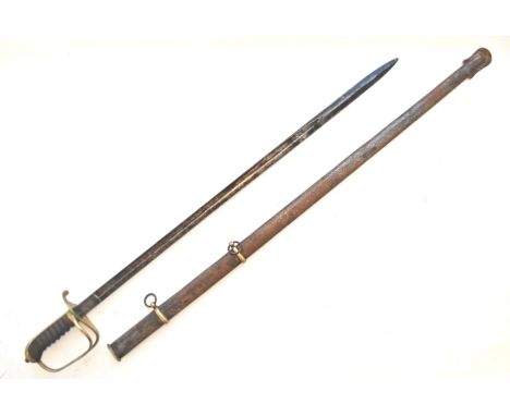 A 19th Century antique British Army Officers sword having a ribbed wooden grip brass pommel and backstrap, two bar hilt, full