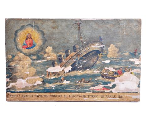 RMS Titanic Disaster - a rare and unique Italian oil on board panel painting titled ' Angela Gravina - Salva Per Miracolo Nel