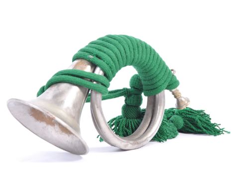 A WWII Second World War German Nazi Third Reich Luftwaffe brass hunting horn of usual shape and wrapped in green rope with ta
