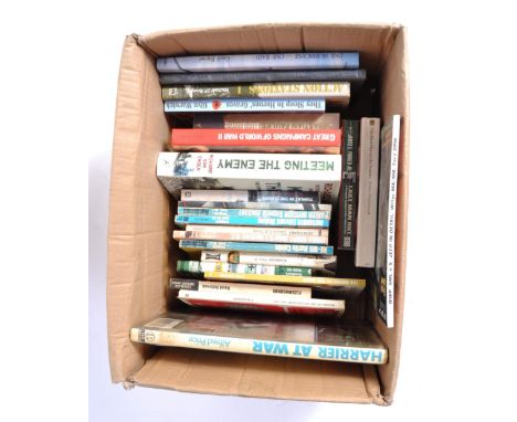 A collection of assorted military books to include: Harrier at War, The bodies on the beach, Flesh wounds, Badges of the Brit