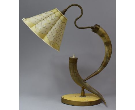 A Vintage Novelty Table Lamp Formed From Pair of Cattle Horns on Oval Base, Complete with Shade, 56cm high 