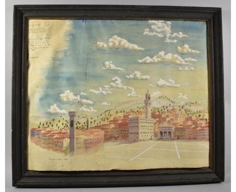 A Framed Annotated Artist's Sketch Depicting Middle Eastern City Square with Minarets, 58x49cm 