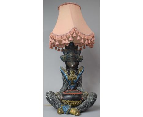 A 1950's/60's Plaster Figural Table Lamp in the Form of a Seated Thai Girl, With Shade, Lamp 44cm high