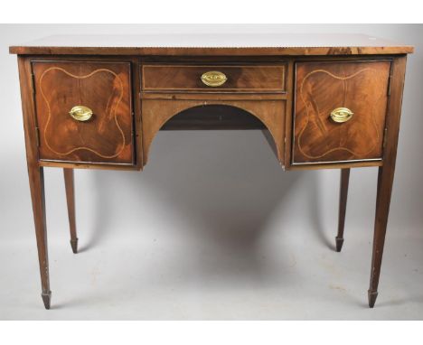 A Nice Quality Bow Fronted Inlaid Mahogany Writing Desk of Small Proportions, with Centre Drawer Flanked by Two Cupboards, Sq