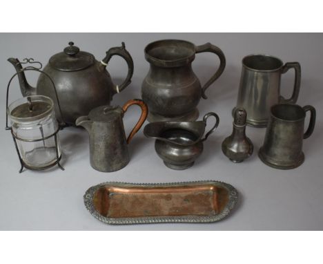 A Collection of Various Pewter Wares to Comprise Victorian Pewter Measure Tankard, Pewter Teapot, Pewter Mounted Glass Preser