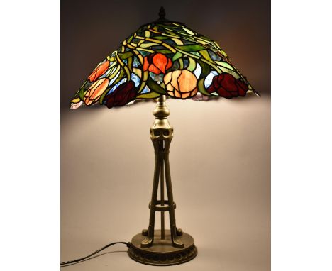 A Reproduction Tiffany Style Two Branch Table Lamp with Tulip Decorated Shade, 64cm high 