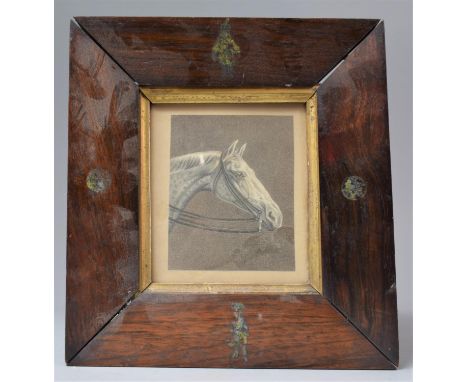 A 19th Century Rosewood Print of a Grey Horses Head, 9.5cm x 12cm 