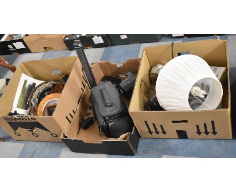 Three Boxes of Sundries to Include Table Lamp, Tray, Mincer, Ornaments, Candlestick, Panasonic Digital Camera, Polaroid Camer