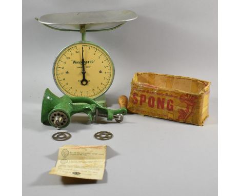 A "Waymaster Twenty-Two" Set of Vintage Kitchen Scales and a Spong Mincer in Green Enamel 