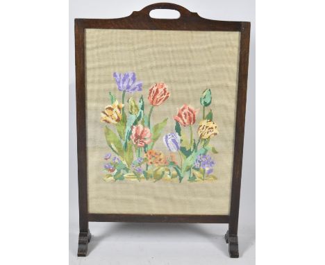 An Edwardian Oak Framed Tapestry Fire Screen, 57cm Wide 
