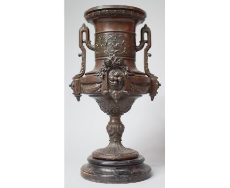 A Late 19th/Early 20th Bronze Effect French Two Handled Vase with Floral and Fruit Decoration In Relief, Circular Wooden Base