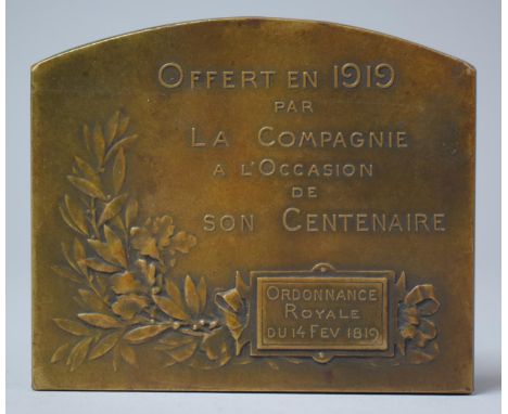 A French Bronze Plaque Commemorating the Centenary of French Insurer Ordornnance Royale Founded 14th Feb 1819, 7.5cm Wide 