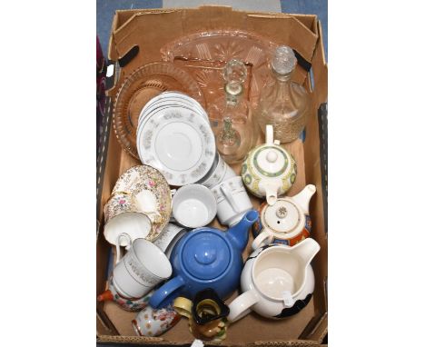 A Box Containing Ceramics and Glass to Include Teapots, Jugs, Cups and Saucers, Decanters etc 