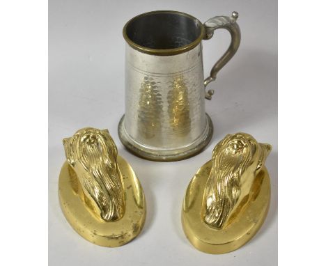 A Pair of Modern Oval Brass Wall Hangings, Terriers, 12cm high Together with a Pewter Glass Bottom Tankard 