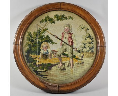 An Early 19th Century Mahogany Framed Circular Tapestry Depicting Boy Fishing with Girl Reclining on Bank, 45cm Diameter 