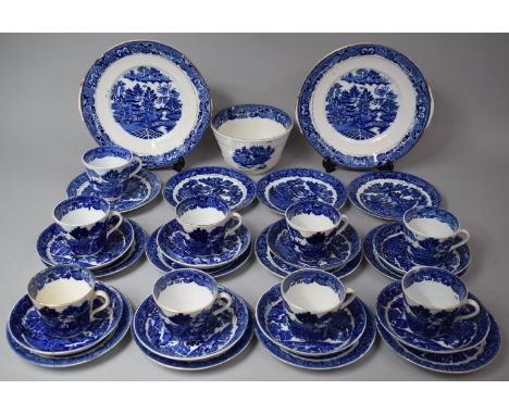 A Late 19th Century Blue and White Willow Pattern Teaset to Comprise Nine Cups, Eight Saucers, Twelve Side Plates, Two Cake P