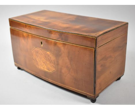 A Mid 19th Century Bow Fronted Inlaid Flame Mahogany Tea Caddy with Hinged Lid, Replacement Interior in Two Divisions, 30.5cm