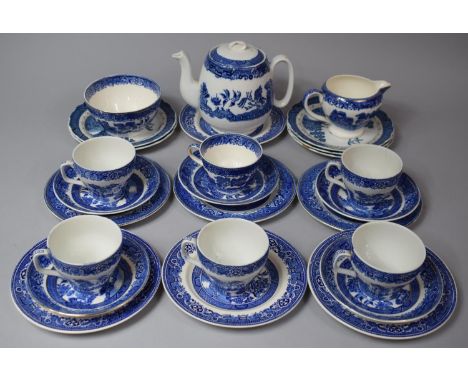 A Collection of Various Blue and White Transfer Printed Willow Pattern Tea Wares to Comprise Teapot, Cups, Saucers, Side Plat