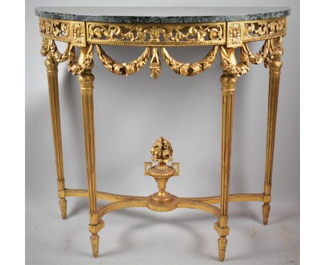 A Nice Quality Continental Marble Topped Gilt Demi Lune Console Table with Swag and Foliate Decoration, Vase Finial To Stretc