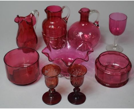 A Collection of Nine Pieces of Cranberry and Ruby Glass to Comprise Jugs, Bowls, Drinking Glasses etc 