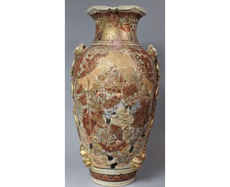 A Large Late 19th/Early 20th Century Japanese Satsuma Vase With Applied Enamel Depicting Battle and Court Scenes and Stylised