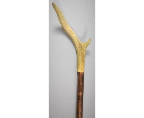 A Rustic Thumb Stick with Antler Handle, 134cm High 