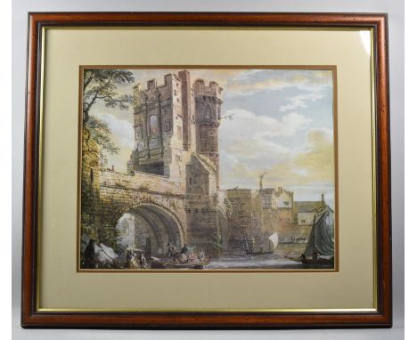 A Framed Coloured Print of the Old Welsh Bridge, Shrewsbury, 45x36cm 