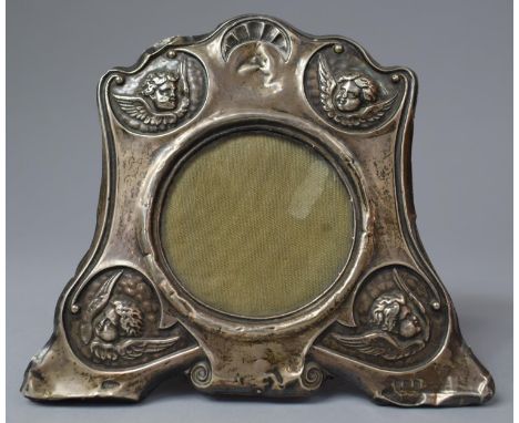 A Small Silver Easel Back Photo Frame with Cherub Decoration in Relief, Some Condition Issues, Birmingham 1911, Circular Aper