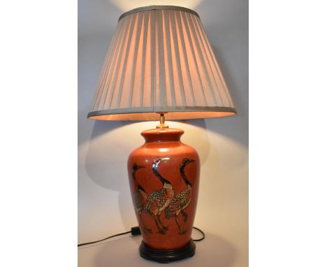 A Modern Oriental Vase Shaped Table Lamp Decorated with Cranes, Complete with Shade, Lamp 47cm high 