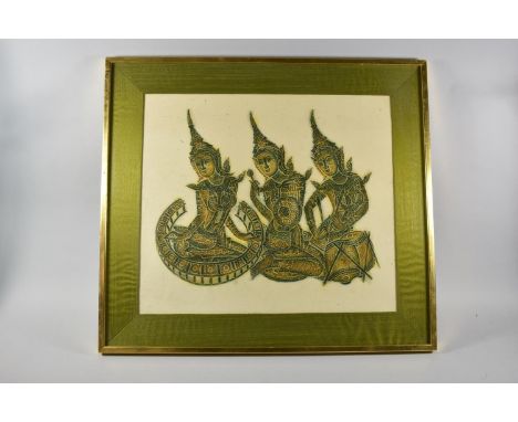 A Framed Print of Thai Rubbing, Three Figures, 55x48cm 