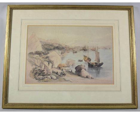 A Framed Coloured Print of Hong Kong Harbour, 37x26cm 