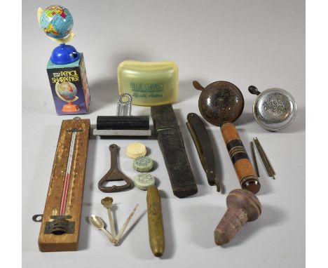 A Collection of Curios to Include Cased Cut throat Razor, Thermometer, Bicycle Bells, Pencil Sharpener etc 
