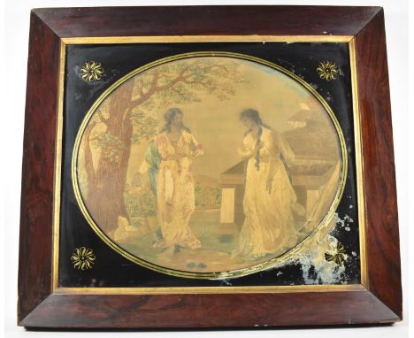 An Mid 19th Century Rosewood Framed Religious Silk Tapestry Depicting Figures in Graveyard, 49x42cm 