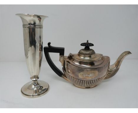 A silver vase and silver teapot, silver teapot with ebony handle and finial, hallmarked W.H.S. for William Henry Sparrow, Bir