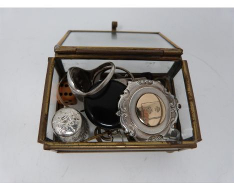 A collection of jewellery in brass box, including a Ketcham Mc Dougall extendable watch chain brooch, silver medal by Toye &a