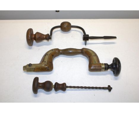A vintage wooden &amp; brass drill brass by Wright &amp; Son and two other vintage wood working tools 