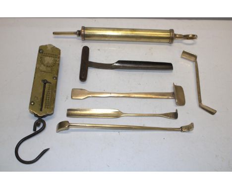 A collection of vintage brass tools &amp; scales etc 
