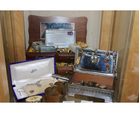A shelf full of costume jewellery &amp; other items 