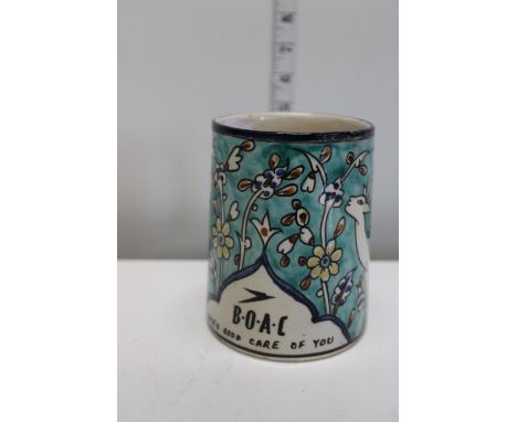 A vintage Jerusalem ceramic mug with BOAC logo &amp; text below 