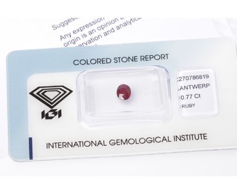 CERTIFICATED UNMOUNTED RUBY
the oval stone of 0.77 carats with accompanying IGI certificate 270786819 stating the stone to be