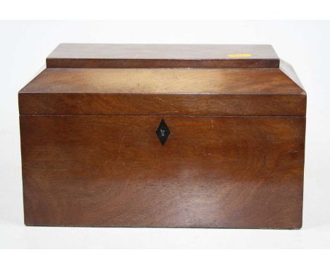 A mid 19th century mahogany three compartment tea caddy of rectangular form with kite shaped ebony escutcheon, width 30cm